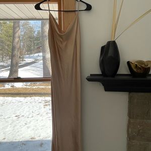 Modi gold satin cowl neck slip dress